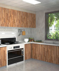 Kitchen with cabinets covered in Wood Peel And Stick Wallpaper For Cabinets And Countertops Self Adhesive Removable Faux Wood Planks, 43 sq ft.