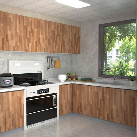 Kitchen with cabinets covered in Wood Peel And Stick Wallpaper For Cabinets And Countertops Self Adhesive Removable Faux Wood Planks, 43 sq ft.