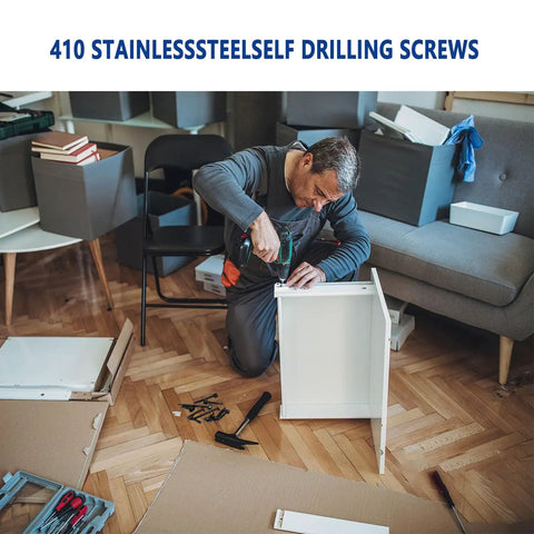 Man using 410 stainless steel self drilling screws to assemble furniture; 465 Piece Self Drilling And Self Tapping Screws Set In 410 Stainless Steel Sizes 8 And 10 Hex Washer Head And Phillips Round Head One Half Inch To Two Inch Length Sheet Metal Screws For Metal Wood And Plastic in use.