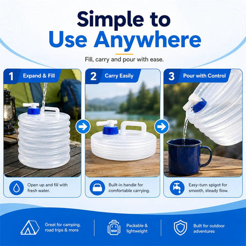 Grab-and-Go Foldable Water Container With Spigot For Camping And Travel, Portable Collapsible Water Jug With Dispenser Tap in use