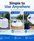 Collapsible Water Container With Spigot For Camping in use, shows expanding, carrying with handle, and pouring features outdoors.