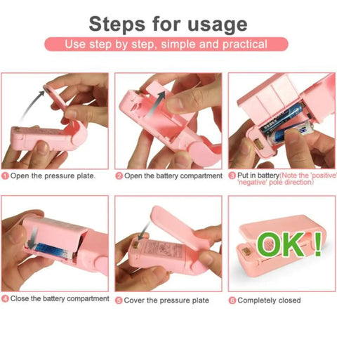 Steps for usage of Slick Mini Portable Handheld Bag Sealer For Fresh Snack Storage And Grocery Plastic Packaging Clamps.