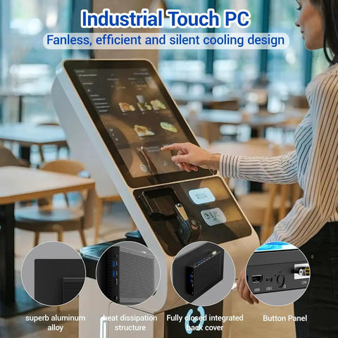 15.6 Inch Industrial Touchscreen All In One Pc With Win 11 Pro Celeron N5095 8G Ram 128Gb Ssd Fhd Ips Display fanless touch PC setup in a kiosk.