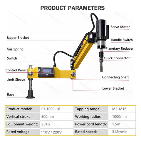 Heavy Duty Electric Tapping Machine With Flexible 1000mm Arm For M3 To M16 Threads, detailed diagram showing components and dimensions.