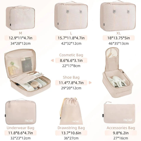Eight Piece Packing Cubes Set For Travel Luggage Organizers In Cream That Keeps Clothes Wrinkle Free Water Repellent And Ultra Durable