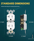 Front and side view of 10 Pack Duplex Wall Receptacles 20A Tamper Resistant Outlets with dimensions, white polycarbonate.
