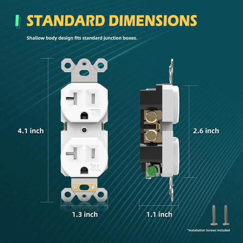 Front and side view of 10 Pack Duplex Wall Receptacles 20A Tamper Resistant Outlets with dimensions, white polycarbonate.