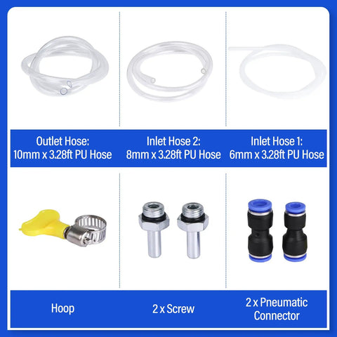 Smooth 12V Oil Extractor Pump hose kit showing outlet and inlet hoses, screws, hoop, and connectors for quick engine oil swaps.