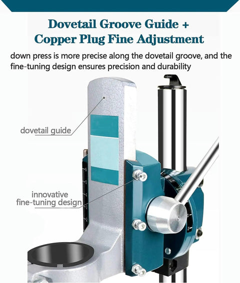 Rock Solid Drill Press Stand For Hand Drill With Vise showing dovetail groove guide and fine-tuning design features