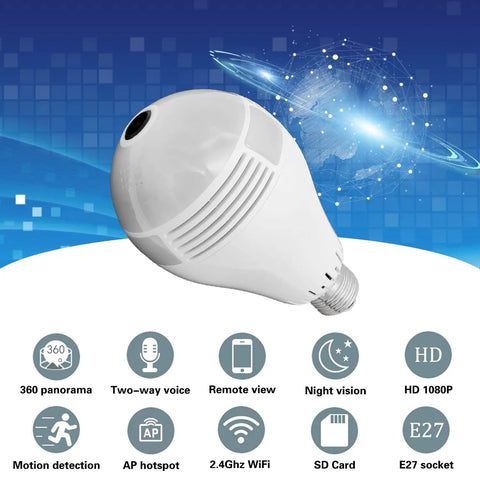 Light Bulb Cam With 360 Panoramic View Full HD 1080P Night Vision Dome Surveillance Cam 2.4G WiFi E27 socket features icons
