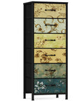 Tall 6-Drawer Dresser With Vintage Style Fabric Bins, Sturdy Metal Frame And Wood Top, shown with floral drawer designs