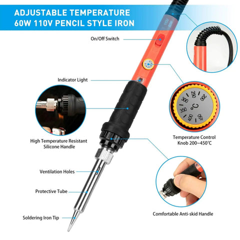 60W Adjustable Soldering Iron Kit With On Off Switch And Temperature Control Pro Grade DIY Soldering Tool Set For Electrical Repairs