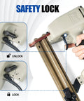 14 Gauge Concrete Nailer Kit With 400 Concrete T Nails 3/4 to 1-1/2 Inch, showing safety lock feature and easy grip handle.