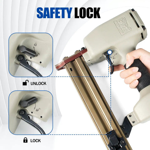 14 Gauge Concrete Nailer Kit With 400 Concrete T Nails 3/4 to 1-1/2 Inch, showing safety lock feature and easy grip handle.