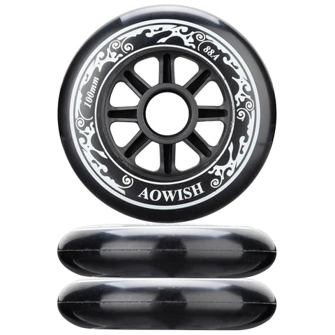 100mm Inline Skate Wheels Set Of 3 88A Outdoor Speed Skating Replacement Wheels For Roller Blades No Bearings Included Black Grippy Ride With Long Lasting Roll, showcasing black wheels with detailed design and profile view.