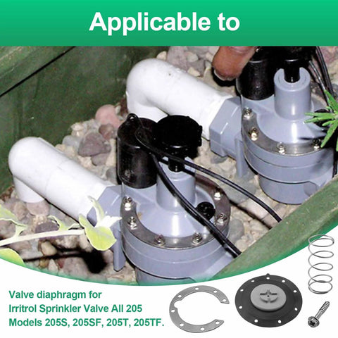 Aulpq valve diaphragm kit for Irritrol 205-series sprinkler valves; two gray plastic valve bodies with diaphragm, gasket, and spring