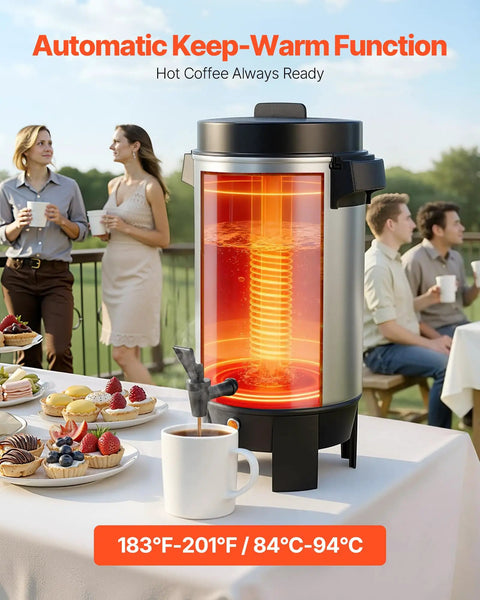Big Batch 40 Cup Coffee Urn With Dripless Faucet And 203oz Capacity shown with pastries at outdoor event.