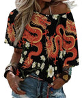 Woman wearing a lightweight loose fit short sleeve boat neck tee for women with soft breathable polyester spandex blend, easy care casual top, dragon print blouse style, everyday wear, comfortable all day