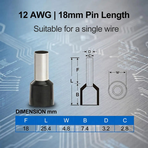 12 AWG Insulated Wire Ferrules Grey Tin-Plated Copper Pin Terminals for Easy Electrical Terminations and DIN Rail Blocks, E4018 Crimp Connectors, 100-Pack, High-Quality, Secure Wire Ends; 18mm pin length diagram