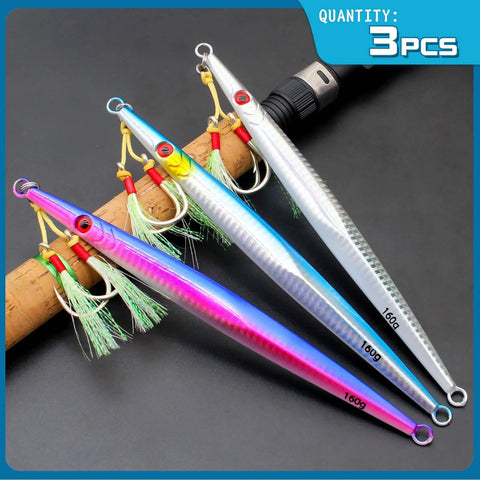 Three Pack Saltwater Jigging Spoons Set 160g Deep Sea Glow Lures With Assist Hooks, 21cm, blue silver purple finish, shown on rod