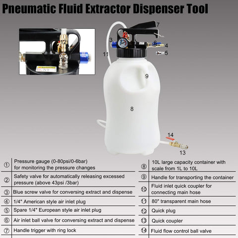 Diagram of a pneumatic fluid extractor dispenser tool with labeled parts, featuring a 10L tank and various connections for Mess Free Pneumatic Fluid Extractor And Dispenser Set For Easy Oil And Fluid Changes In Engine Transmission Differential Transfer Case And Power Steering ATF Refill Kit With 3 1M Dipstick Tubes In Blue Case.