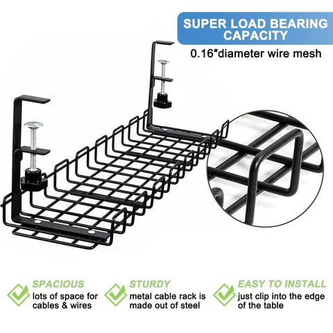 No Drill Under Desk Cable Management Rack Clip On 25 Inch Organizer for Standing Desks, heavy-duty metal wire mesh with clamps