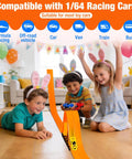 Children in bunny ears playing with Flexible Roll Up Race Track For Kids Outdoor Toys Portable DIY Race Car Track Lets 1 64th Diecast Cars