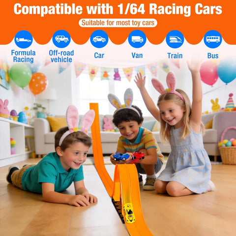 Children in bunny ears playing with Flexible Roll Up Race Track For Kids Outdoor Toys Portable DIY Race Car Track Lets 1 64th Diecast Cars