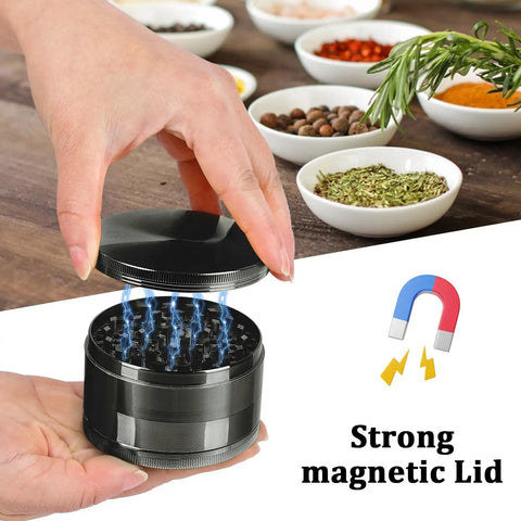 3 Inch Spice Grinder For Kitchen Gray With Aluminum Alloy Build, showing magnetic lid in use with herbs and spices