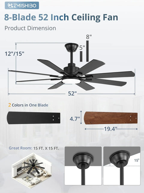 Dimensions and features of a 52 Inch Ceiling Fan With Light And Remote, 8 Blade Quiet DC Motor, black finish, for bedroom and living room.