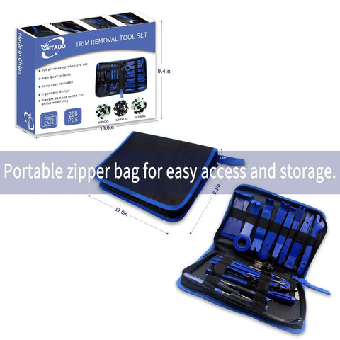 200 Piece Car Trim Removal Tool Kit Set With Plastic Panel Fasteners Remover Tools and blue zipper storage case open