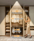 HITOO 3 Inch Motion Sensor Recessed Downlight Light 3000K, White, 2 Pack installed in a closet with detailed specs displayed.