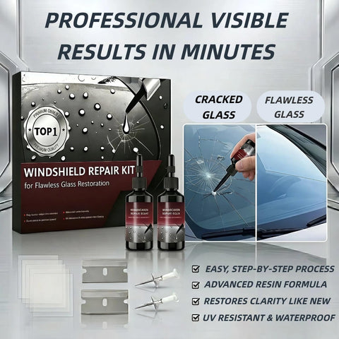 Windshield Crack Repair Kit For Cars With Nano Glass Repair Liquid 5 Minute Quick Fix 2 Bottles on display with cracked glass example
