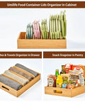 Bamboo Kitchen Lids Organizer With Adjustable Dividers For Food Storage Containers Up To 9.5 Inches holding lids in cabinet