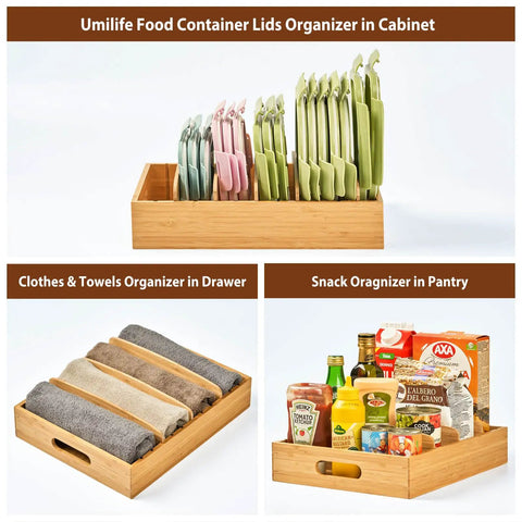 Bamboo Kitchen Lids Organizer With Adjustable Dividers For Food Storage Containers Up To 9.5 Inches holding lids in cabinet