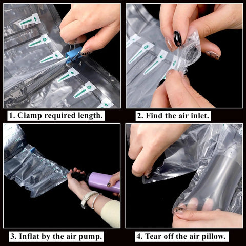 Steps showing how to use 400 Count Air Pillows For Shipping Roll With Pump Inflatable Air Cushions Leak Proof Bag Stuffing.