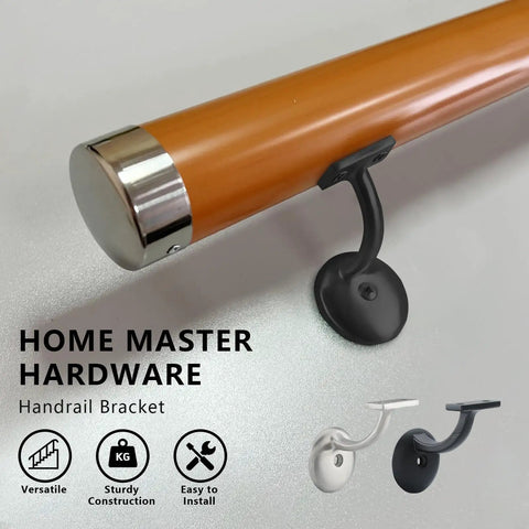 Heavy Duty Hand Rail Bracket Set 6 Pack For Stairs And Banisters, Matte Black Zinc Alloy Wall Mounts close-up on a wooden rail support