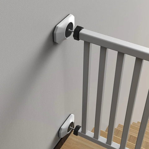 Baby Gate Wall Protector 4 Pack White, Soft Rubber Backing Guards Walls And Doorways From Pet Gates shown installed on stair gate wall