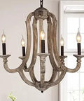 Real Wood Farmhouse 5 Light Chandelier With Metal Accents, Rustic French Country Vibe Pendant Ceiling Light in living room