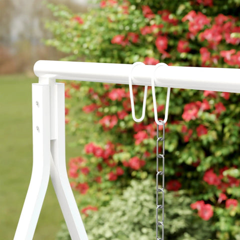 Heavy Duty Metal Porch Swing Stand For Outdoor Use 528 Lb Weight Capacity A Frame Hanging Chair Stand For Backyard Patio Lawn Playground White Stand Only close-up of chain attachment