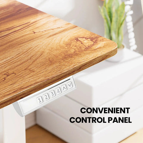Ergear 63 Inch L Shaped Electric Standing Desk Adjustable Height Light Vintage Finish top view showing convenient control panel.