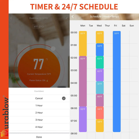 Smart Gas Fireplace Controller With WiFi Remote For Millivolt Valve showing 24/7 schedule and temperature control interface.