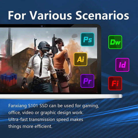 Laptop screen displaying gaming and design software, promoting SSD use for faster performance in various applications.
