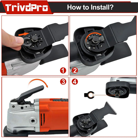 TrivdPro oscillating tool blade kit for multitools; black blade carrier with orange tool housing