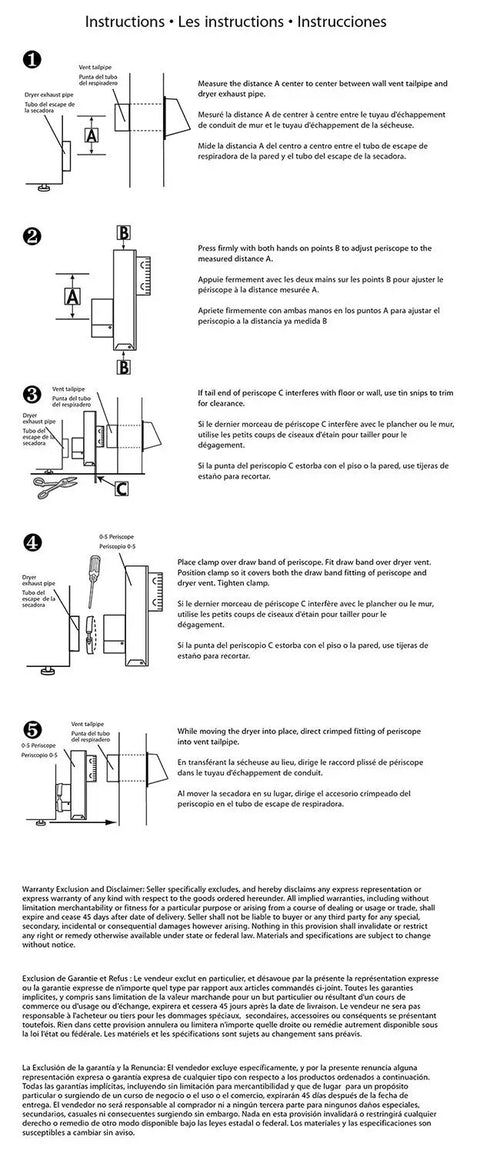 Installation instructions for Saf-T-Duct Zero Dryer Vent Periscope For Tight Spaces, Adjustable Zero To Five Inch Length, Aluminum.