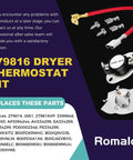 Dryer thermostat kit 279816 with replacement parts and wires visible, suitable for multiple dryer models by Romalon.