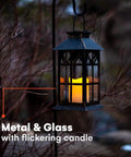 Solar Lantern Outdoor Waterproof Hanging Light with flickering LED flames, glass panels, bronze finish, rustic metal design.