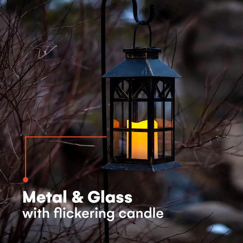 Solar Lantern Outdoor Waterproof Hanging Light with flickering LED flames, glass panels, bronze finish, rustic metal design.