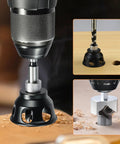 Smooth Operator Aluminum Dowel Jig Kit With Bench Dog Hole Drill Guide and Chamfer Reamer Burr Removal Tool in use with drill.