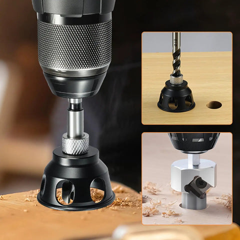 Smooth Operator Aluminum Dowel Jig Kit With Bench Dog Hole Drill Guide and Chamfer Reamer Burr Removal Tool in use with drill.